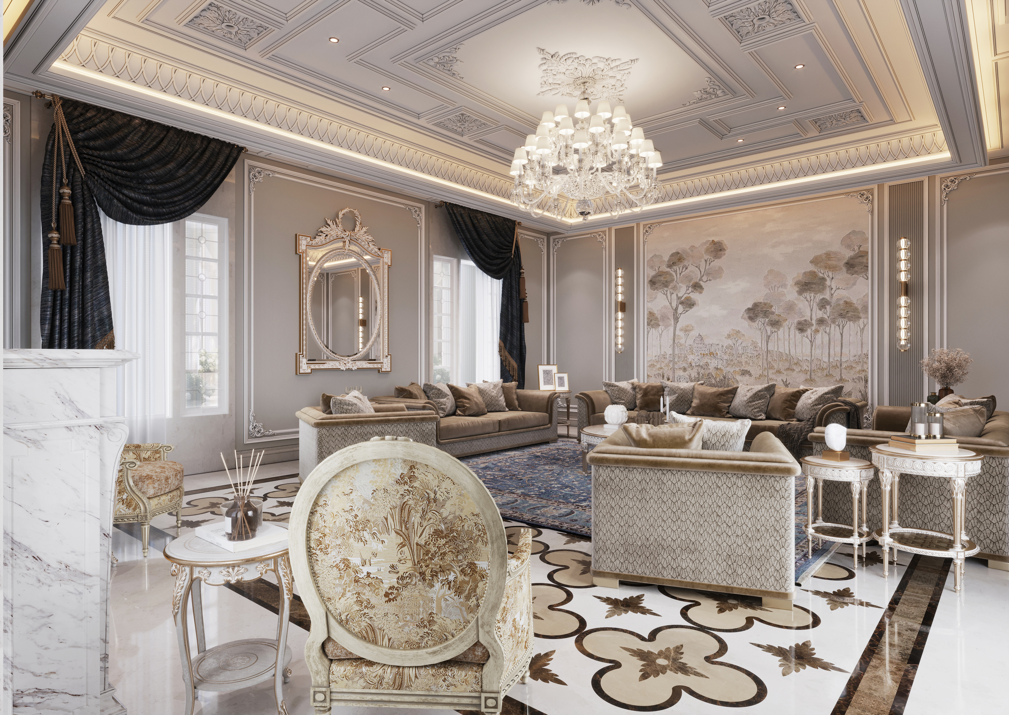 Classic drawing room with crystal chandelier, dark drapery and painted mural wall